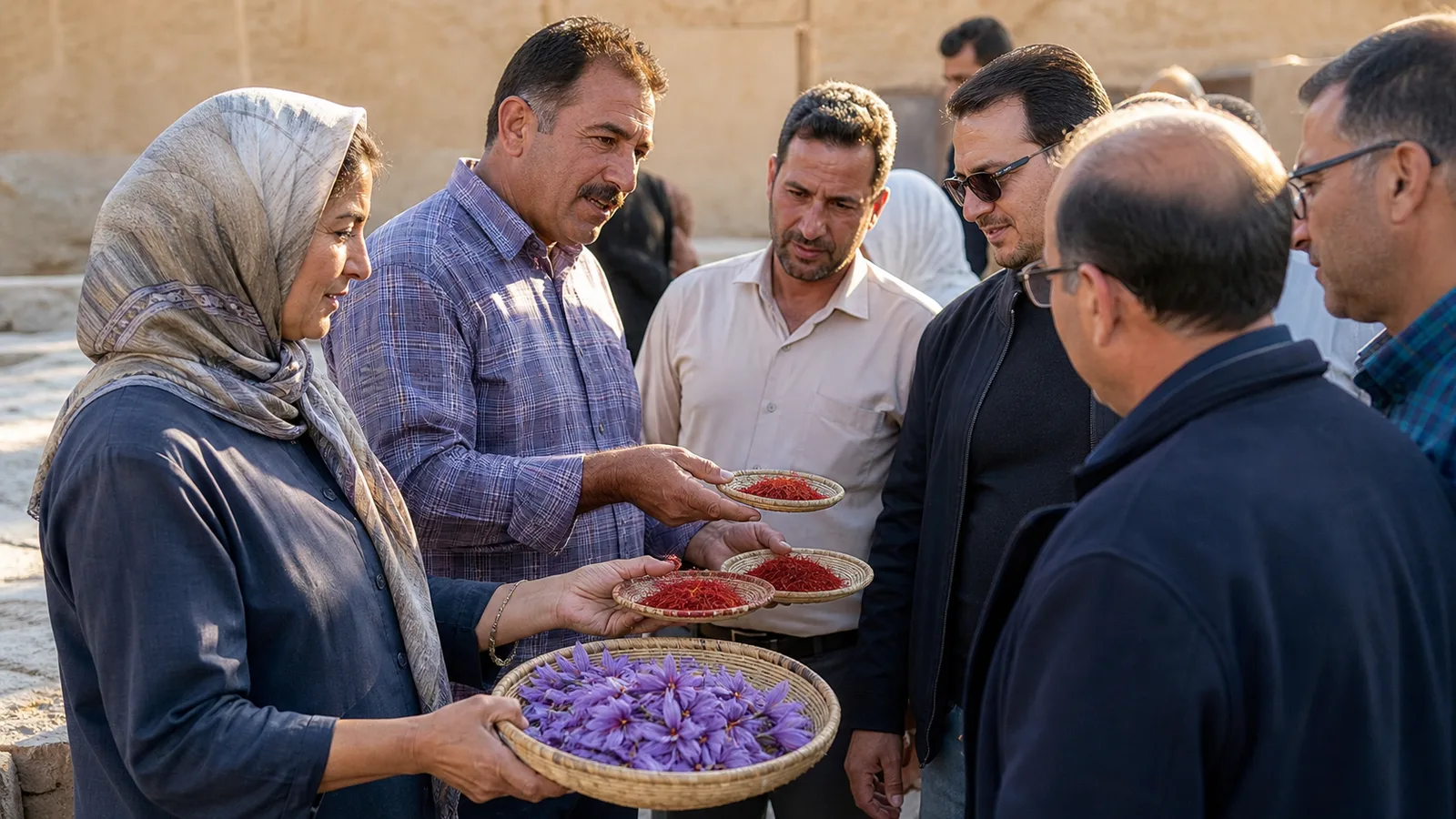 Saffron growers presenting freshly harvested threads at a community festival in Iran