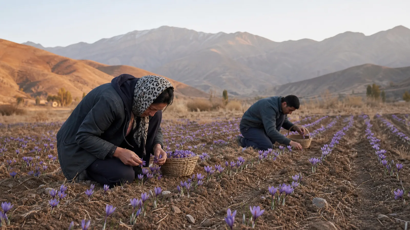 Farmers harvesting purple saffron flowers in an Alborz Province field