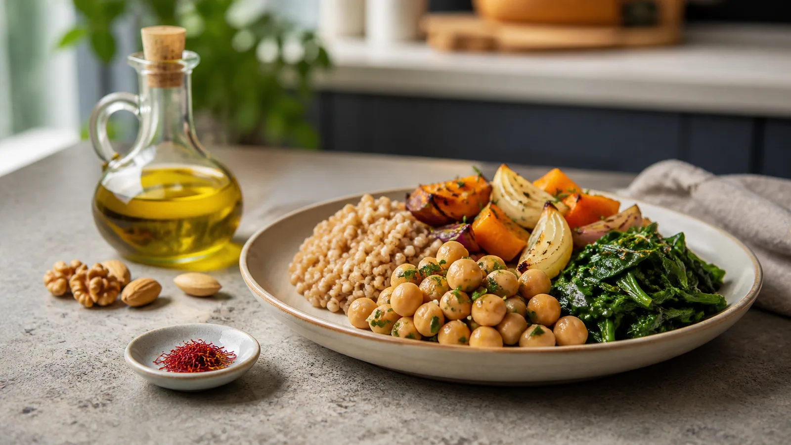 A small bowl of saffron beside vegetables, grains and olive oil for a heart-conscious meal