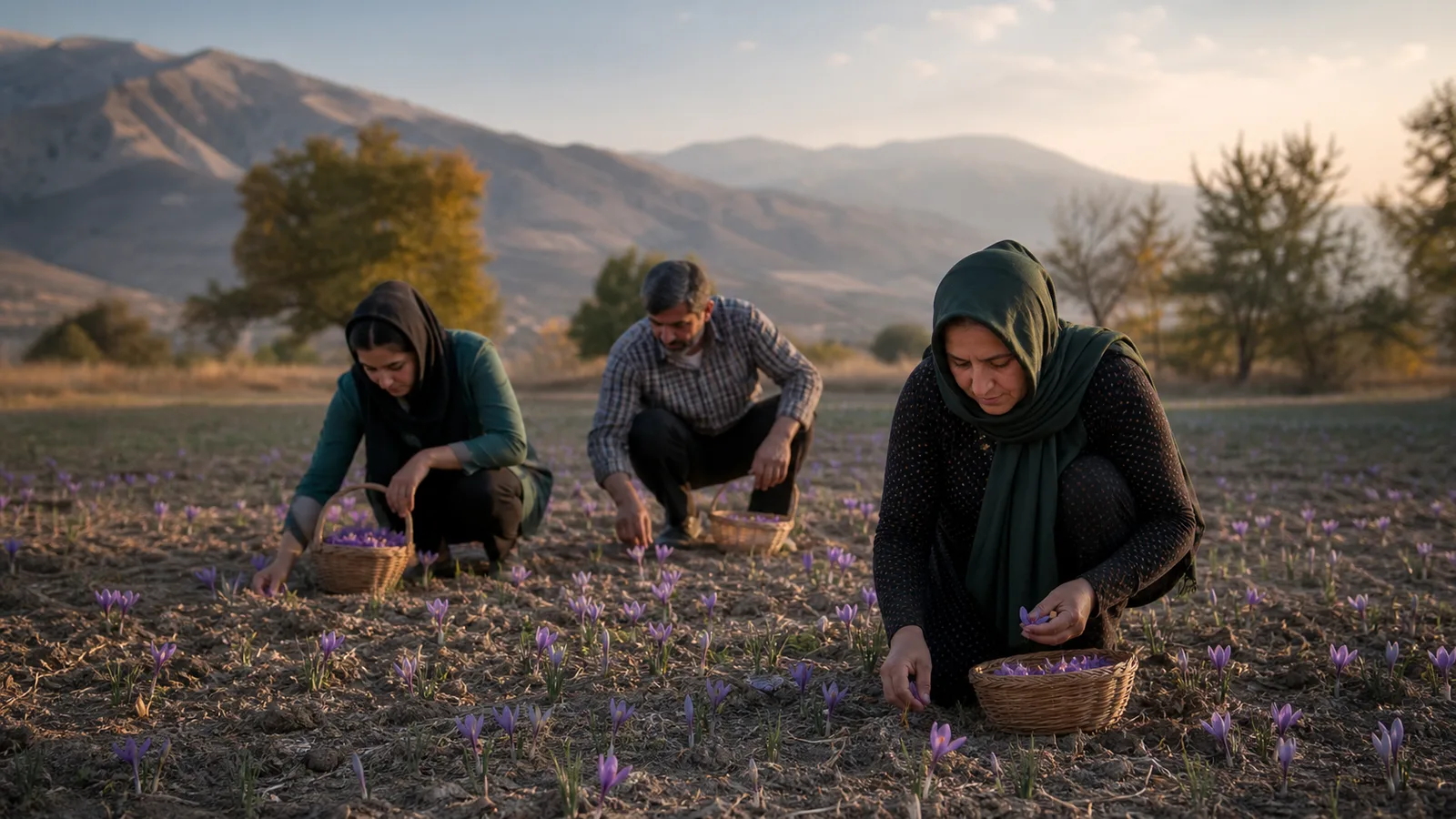 A family harvesting saffron flowers in a small field near Yasuj
