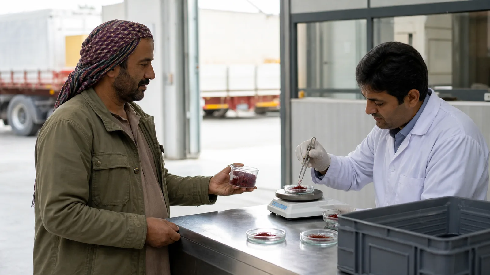 A small saffron farmer presenting a modest lot for weighing at a commodity warehouse
