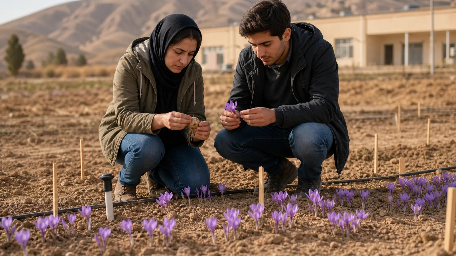 University agronomy researchers examining saffron plots at a Shahrbabak research farm