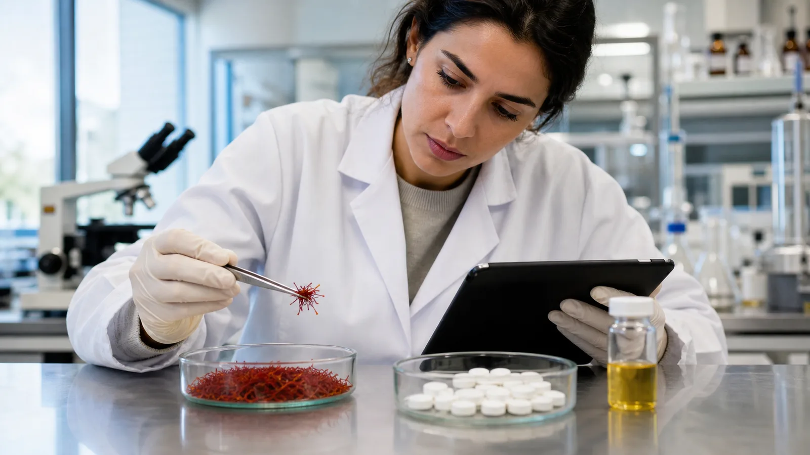 A pharmaceutical researcher examining saffron threads and unmarked crocin research tablets