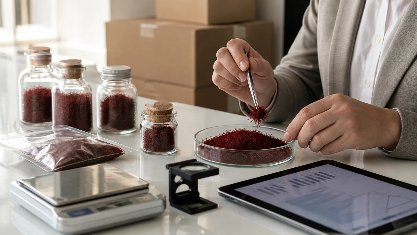Saffron exporter reviewing packaged saffron and Asian market data