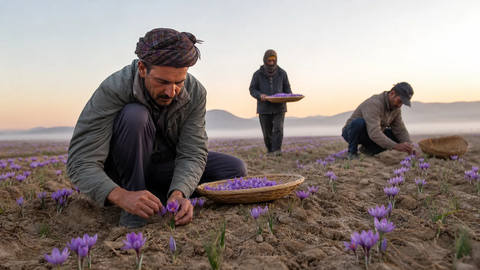 Workers hand-picking purple saffron flowers at sunrise in Khorasan