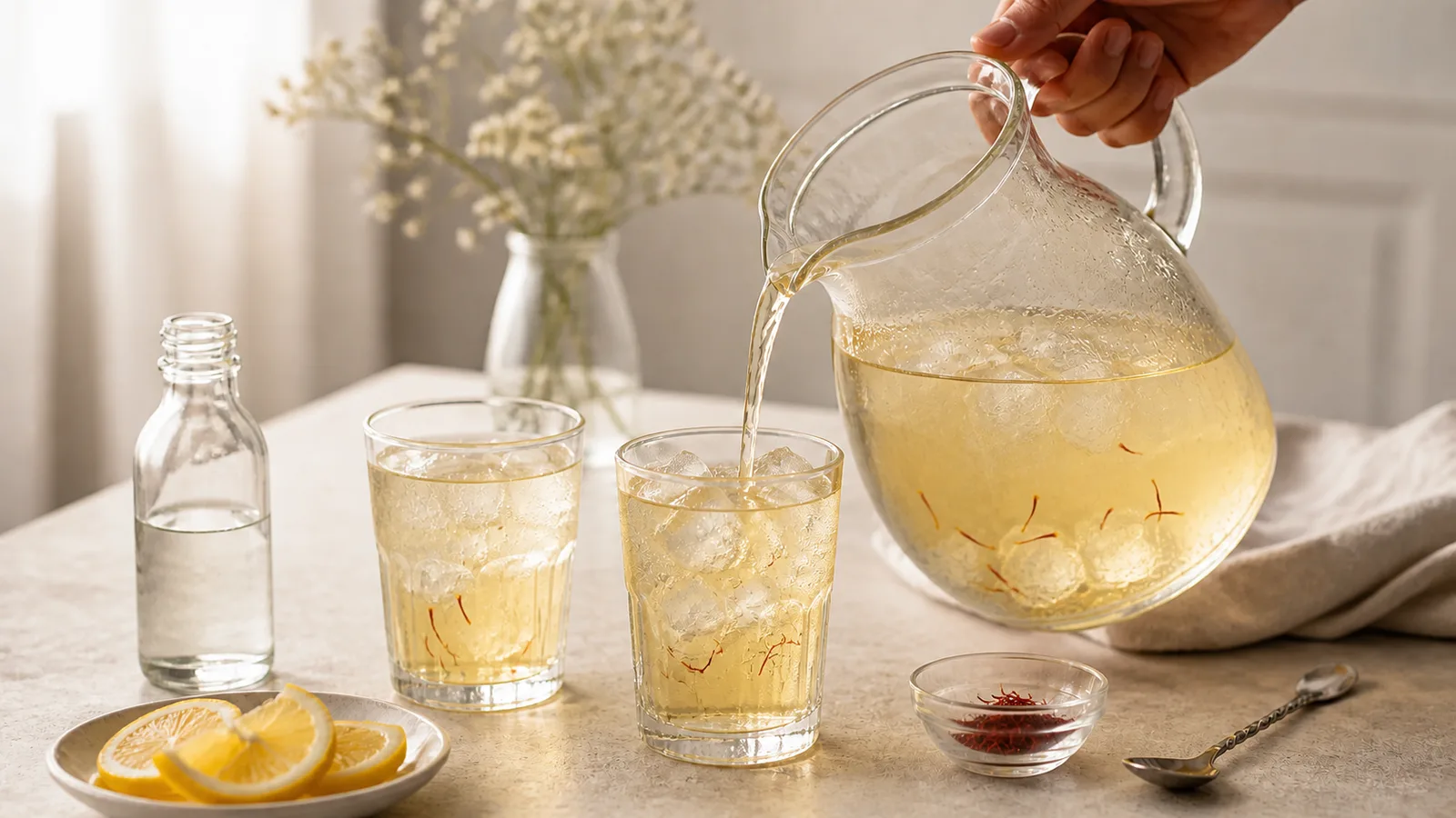 Chilled traditional saffron syrup with lemon and real saffron threads