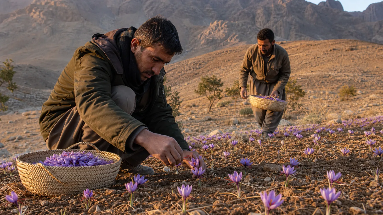 Farm workers harvesting saffron flowers in the Jabal Barez highlands