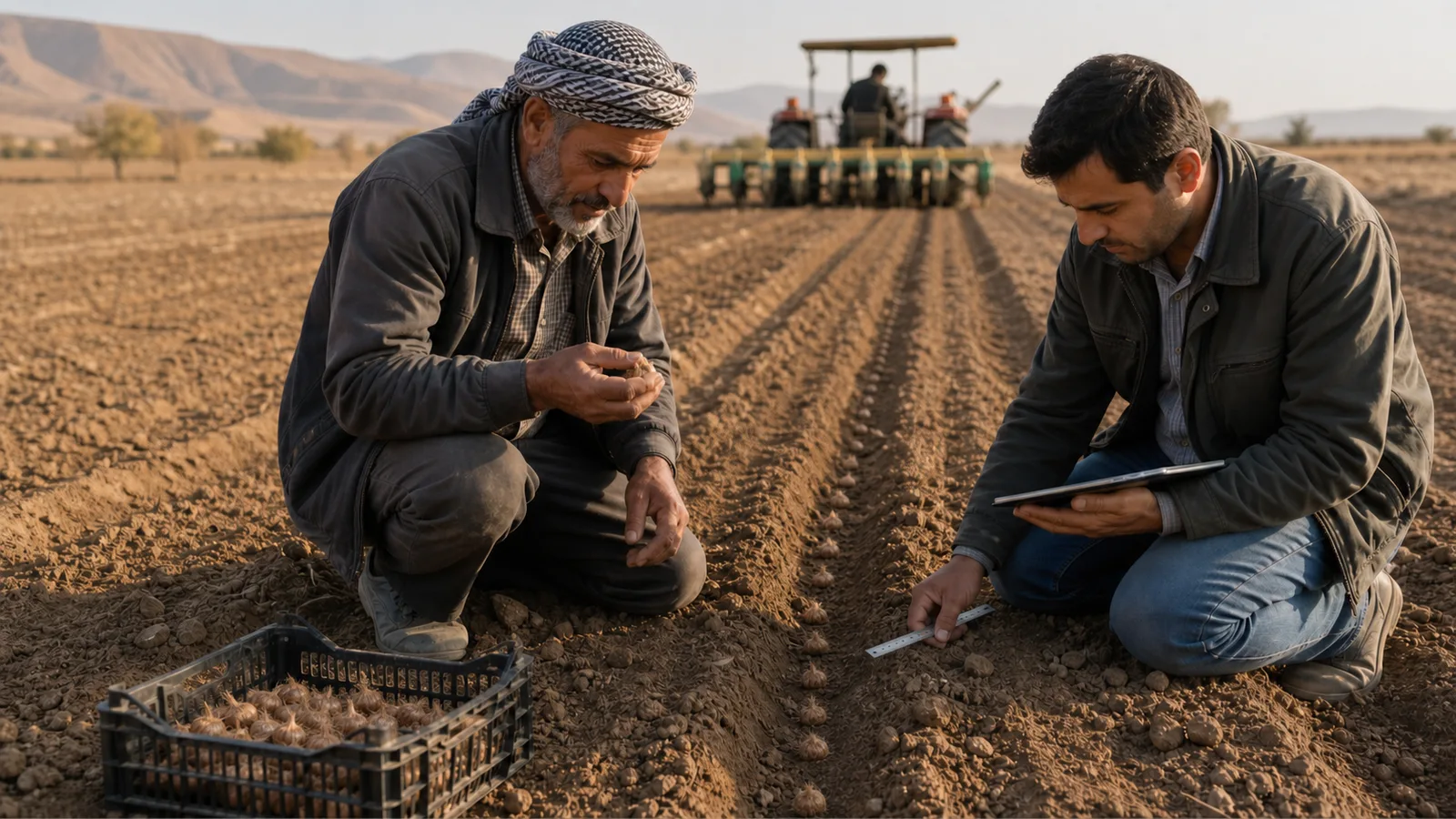Farmer and agronomist planting saffron corms in measured field rows