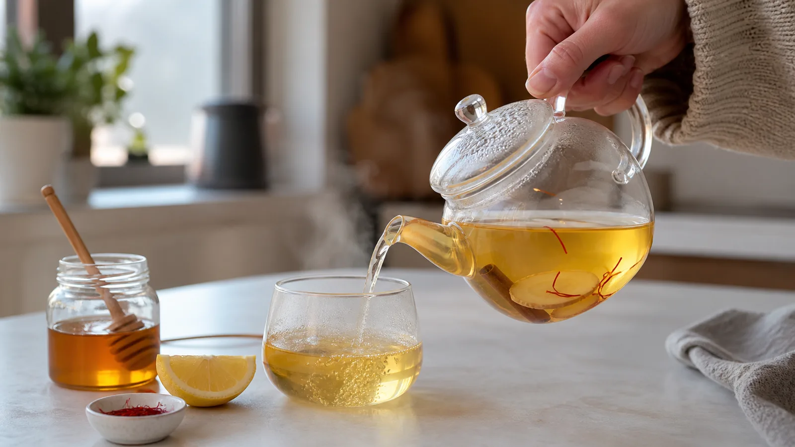 Warm saffron tea with ginger, cinnamon, lemon and honey