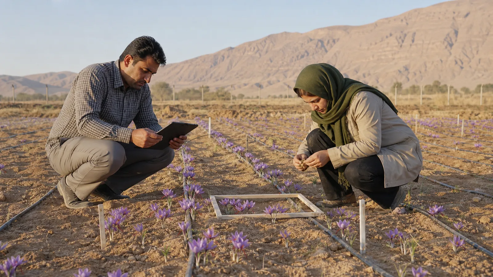University agronomists recording saffron flowering in an arid research plot