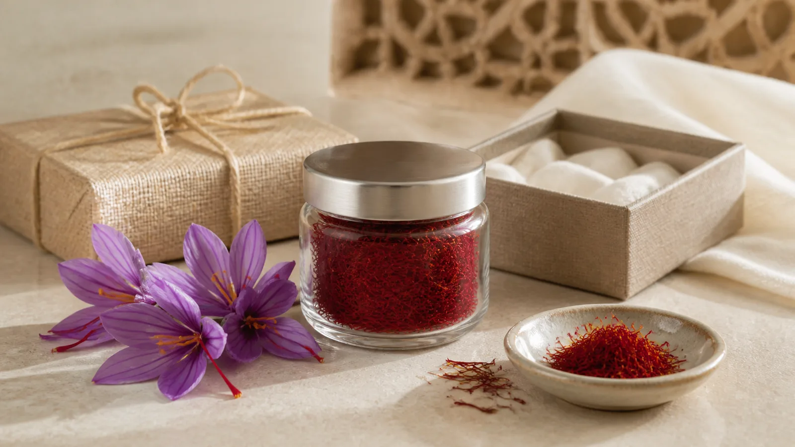 Sealed saffron threads arranged as a modern gift with purple crocus flowers
