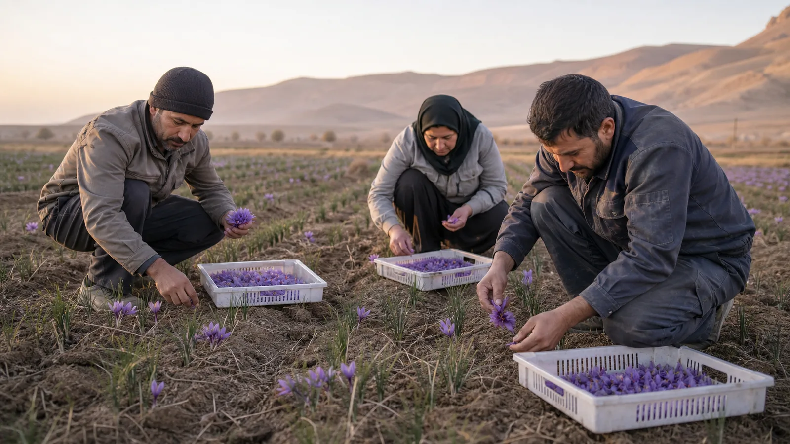 Workers hand-picking purple saffron flowers into shallow field trays at dawn