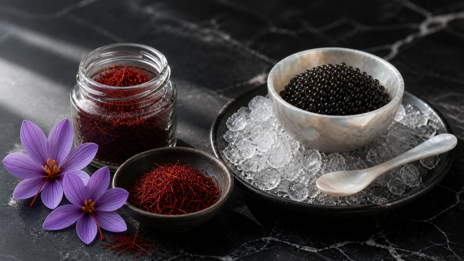 Iranian saffron threads and caviar presented as two rare culinary ingredients