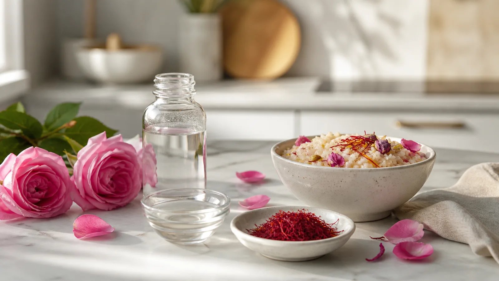 Saffron threads, rose water, Damask roses and saffron rice in a modern kitchen