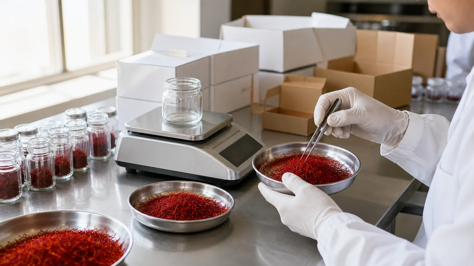 Quality technician inspecting saffron threads at a modern packaging workspace