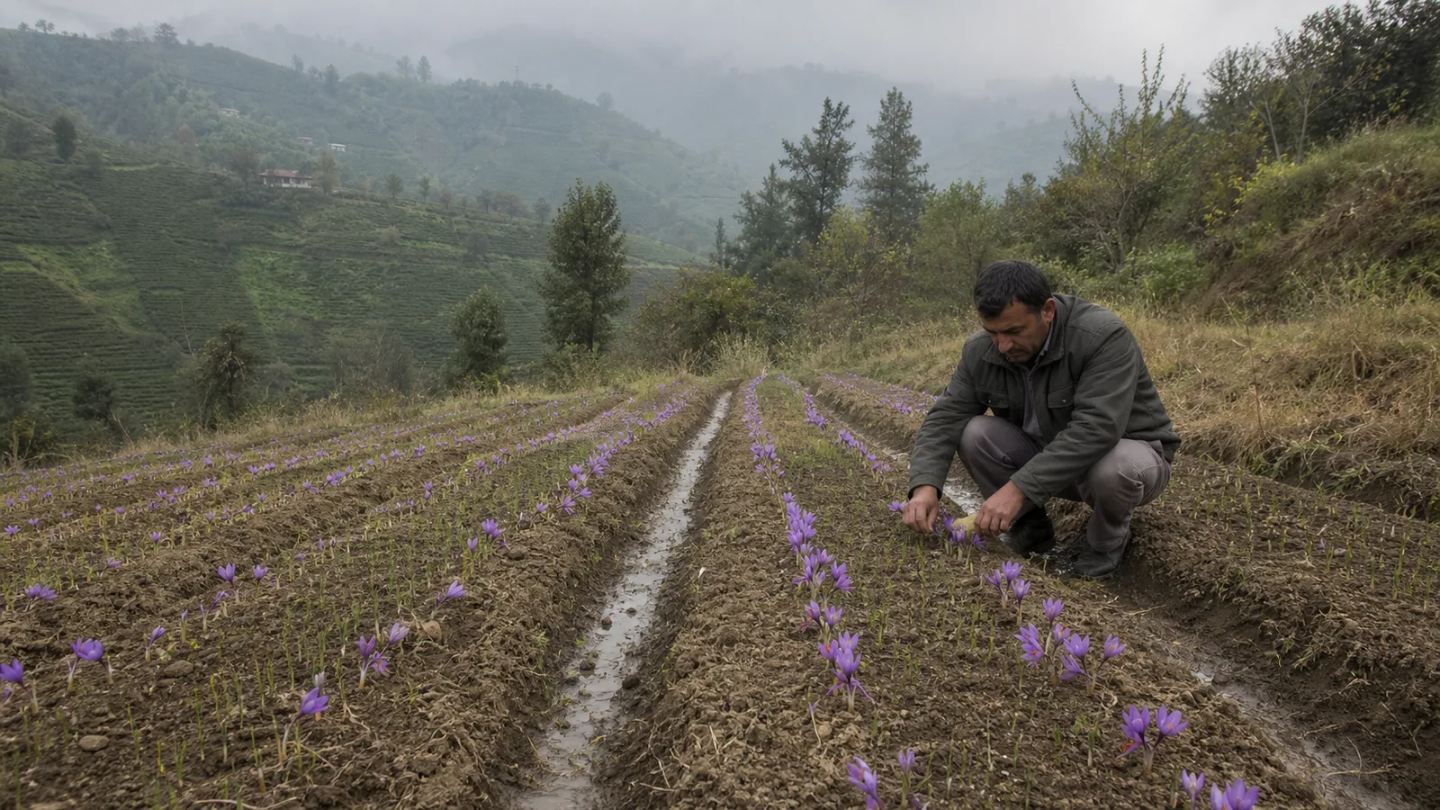 Farmer inspecting a drained saffron plot in the green hills of Gilan