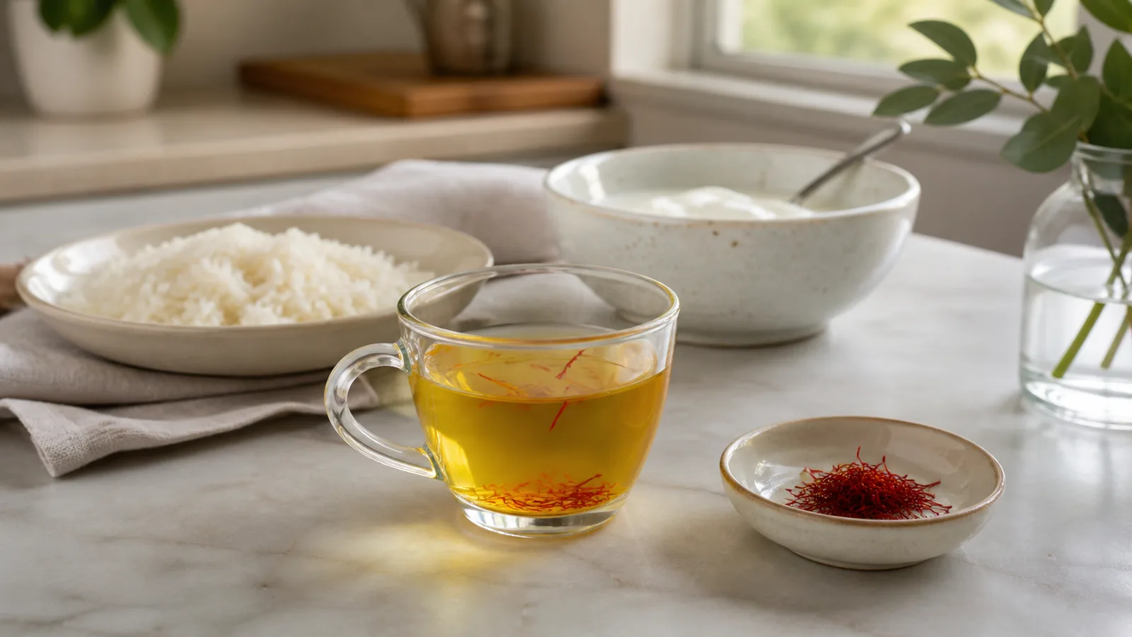 A small saffron infusion with saffron threads beside plain rice and yoghurt