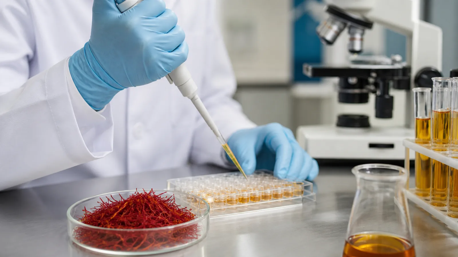 Researcher pipetting saffron extract at a modern preclinical laboratory bench