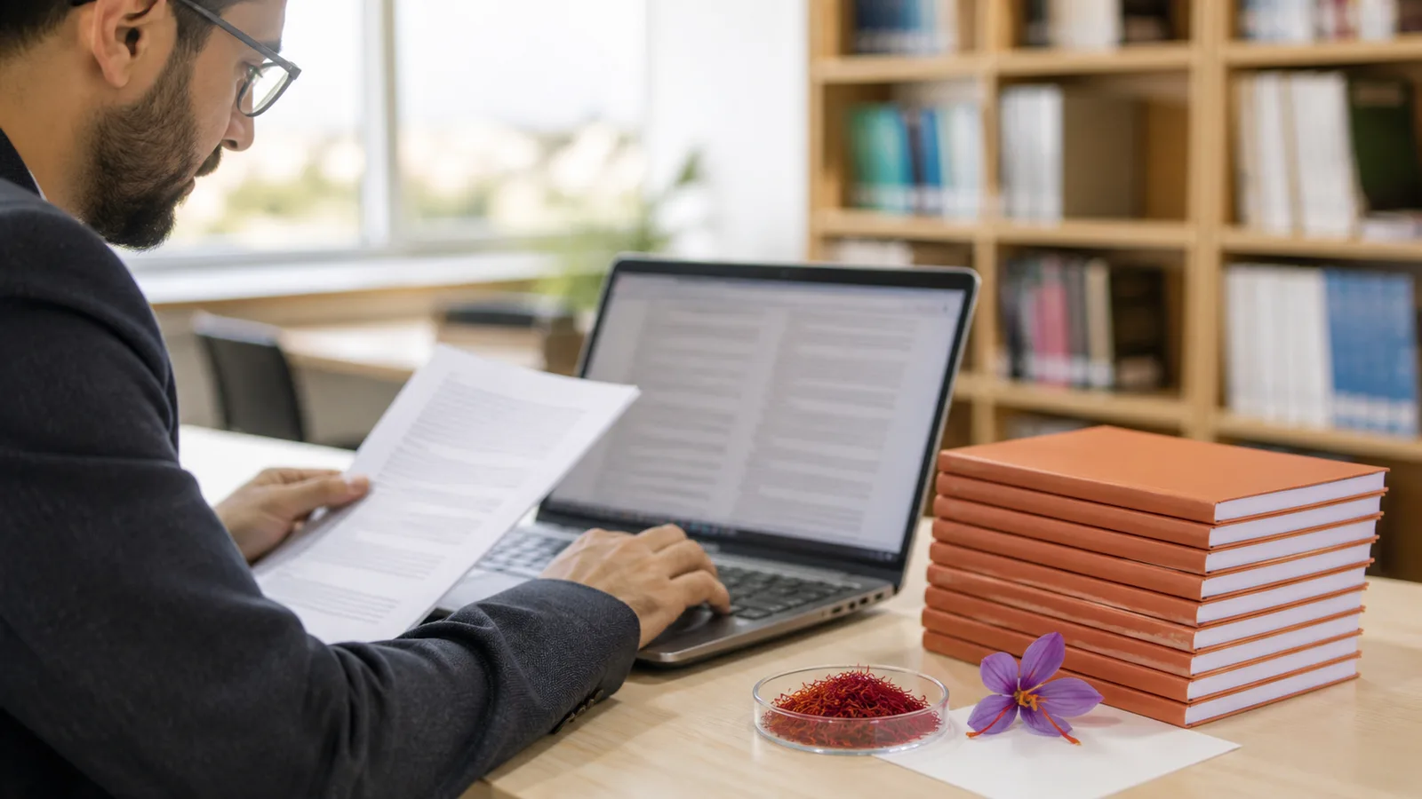 Academic editor reviewing a saffron research manuscript beside unbranded journal volumes