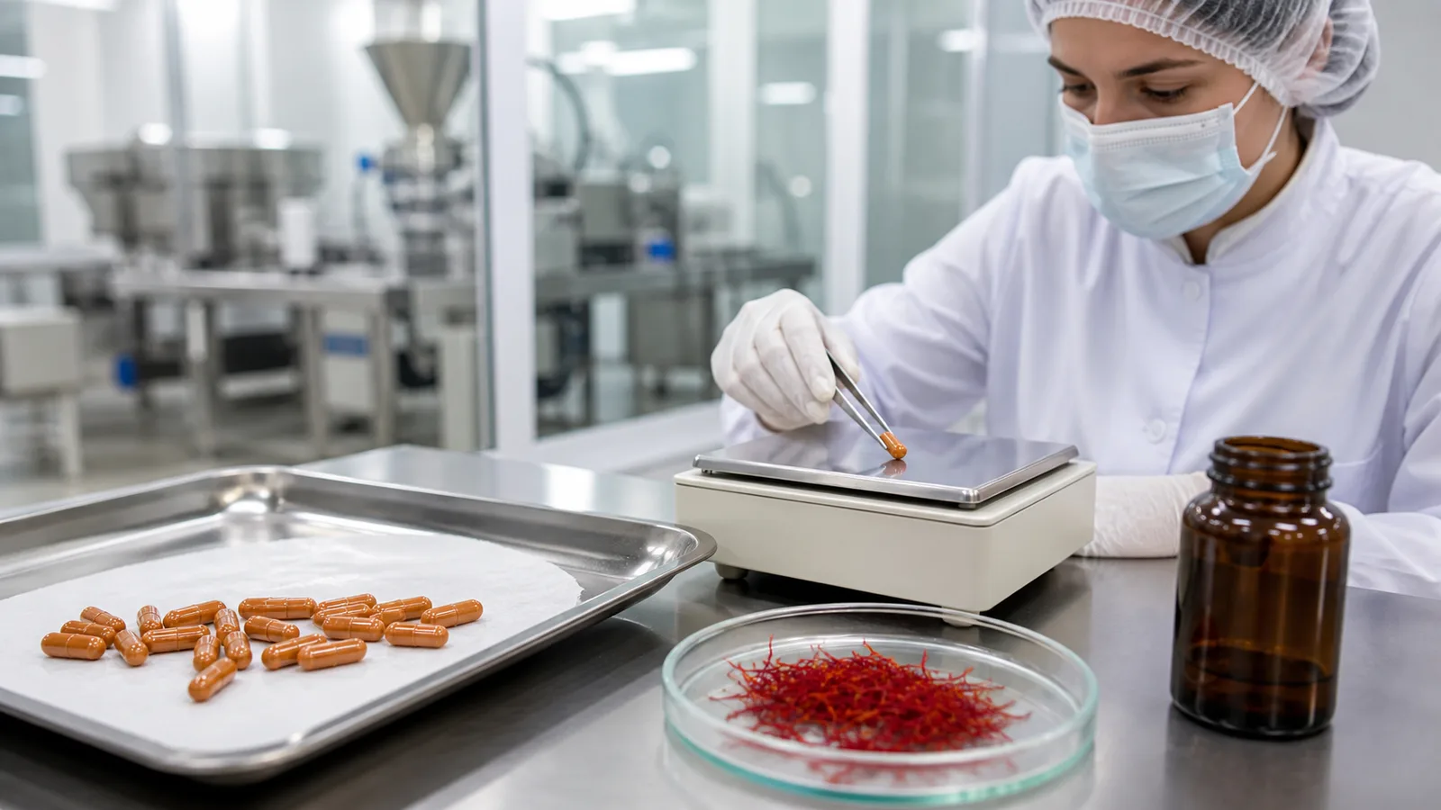 Quality technician weighing a saffron capsule beside saffron threads at a clean production facility