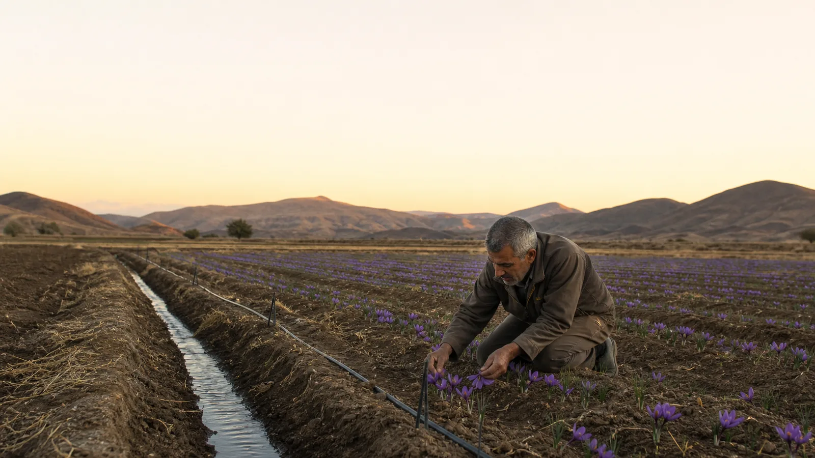 Saffron farmer inspecting flowers beside an irrigation channel in Kerman