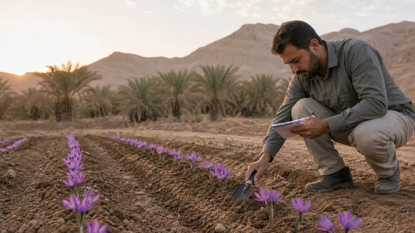 Agricultural specialist examining a small saffron trial plot near date palms in Rigan