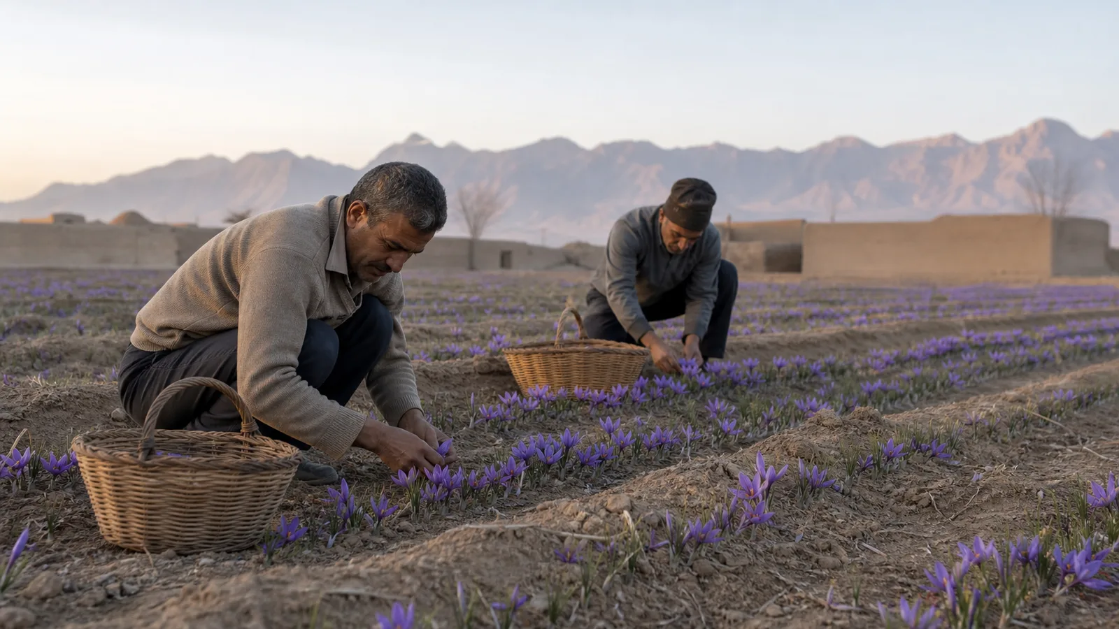Farm workers picking saffron flowers at dawn in Yazd Province
