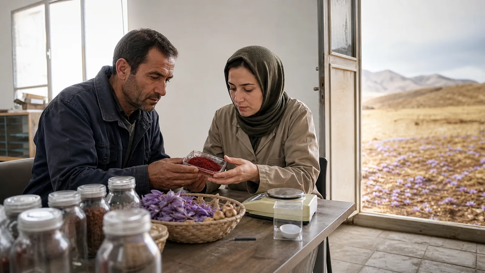 South Khorasan grower and quality specialist examining saffron threads
