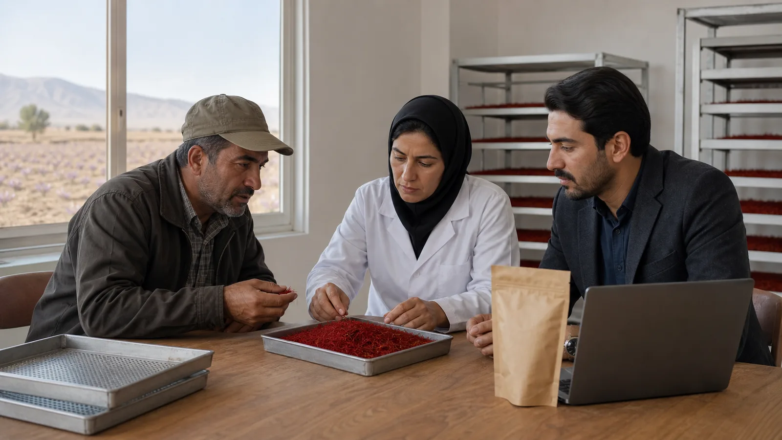Saffron grower processor and buyer reviewing a lot in Khorasan Razavi