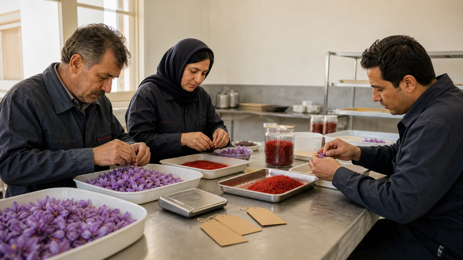 Qaenat saffron growers separating flowers in a clean local processing room