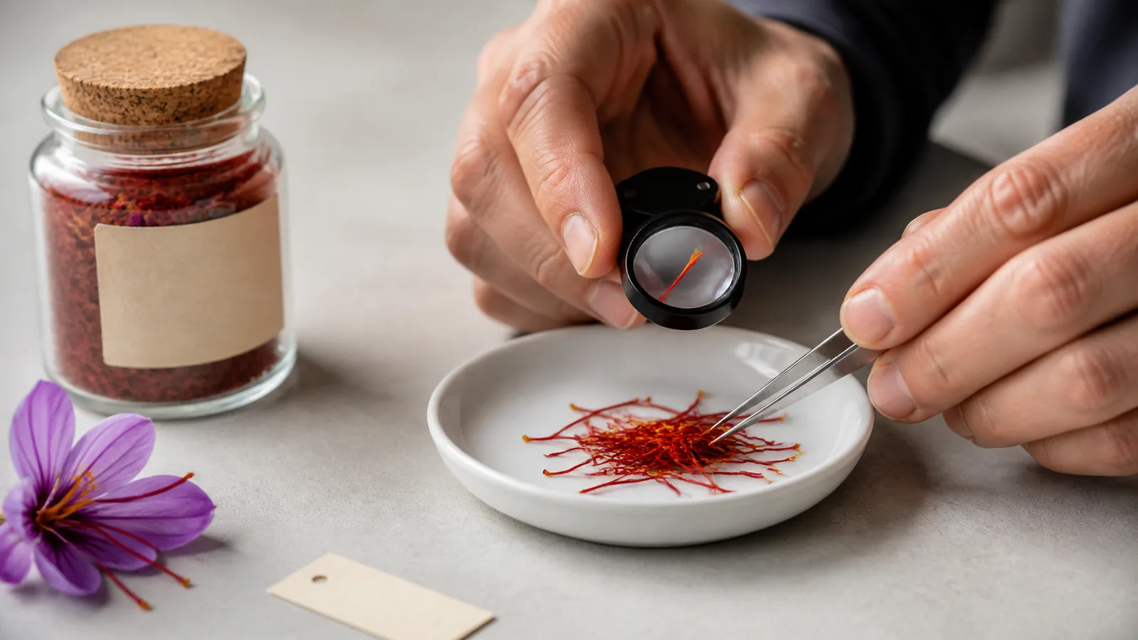 Whole saffron threads inspected with a magnifying loupe beside a sealed jar