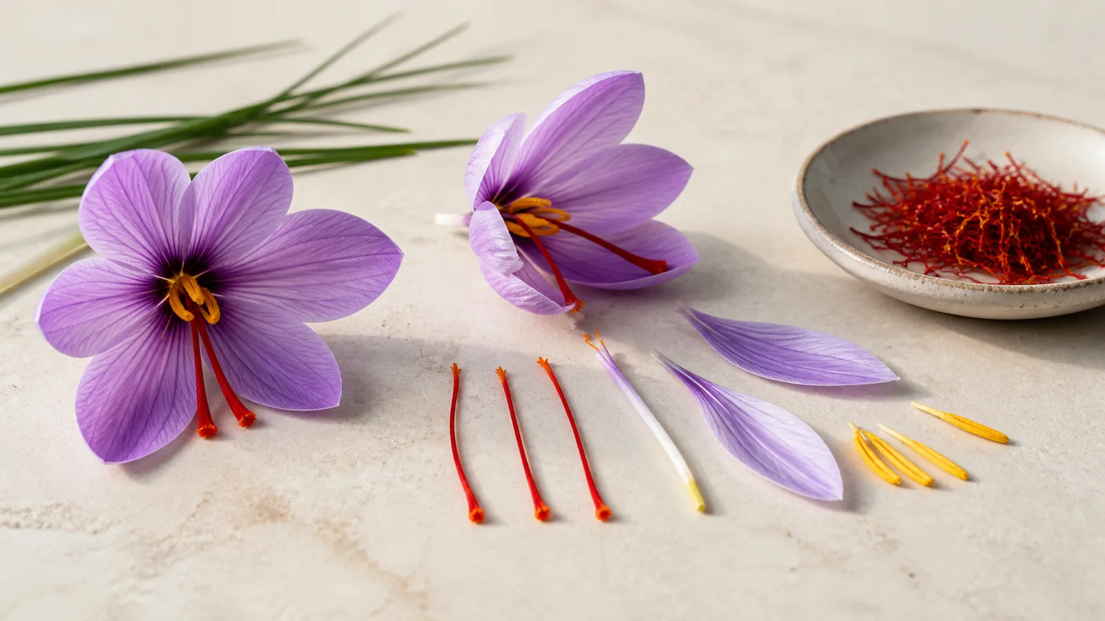 Crocus sativus flowers with red stigmas purple tepals and yellow stamens separated