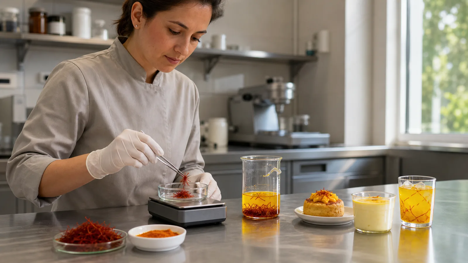 Food technologist measuring saffron threads for pilot food products