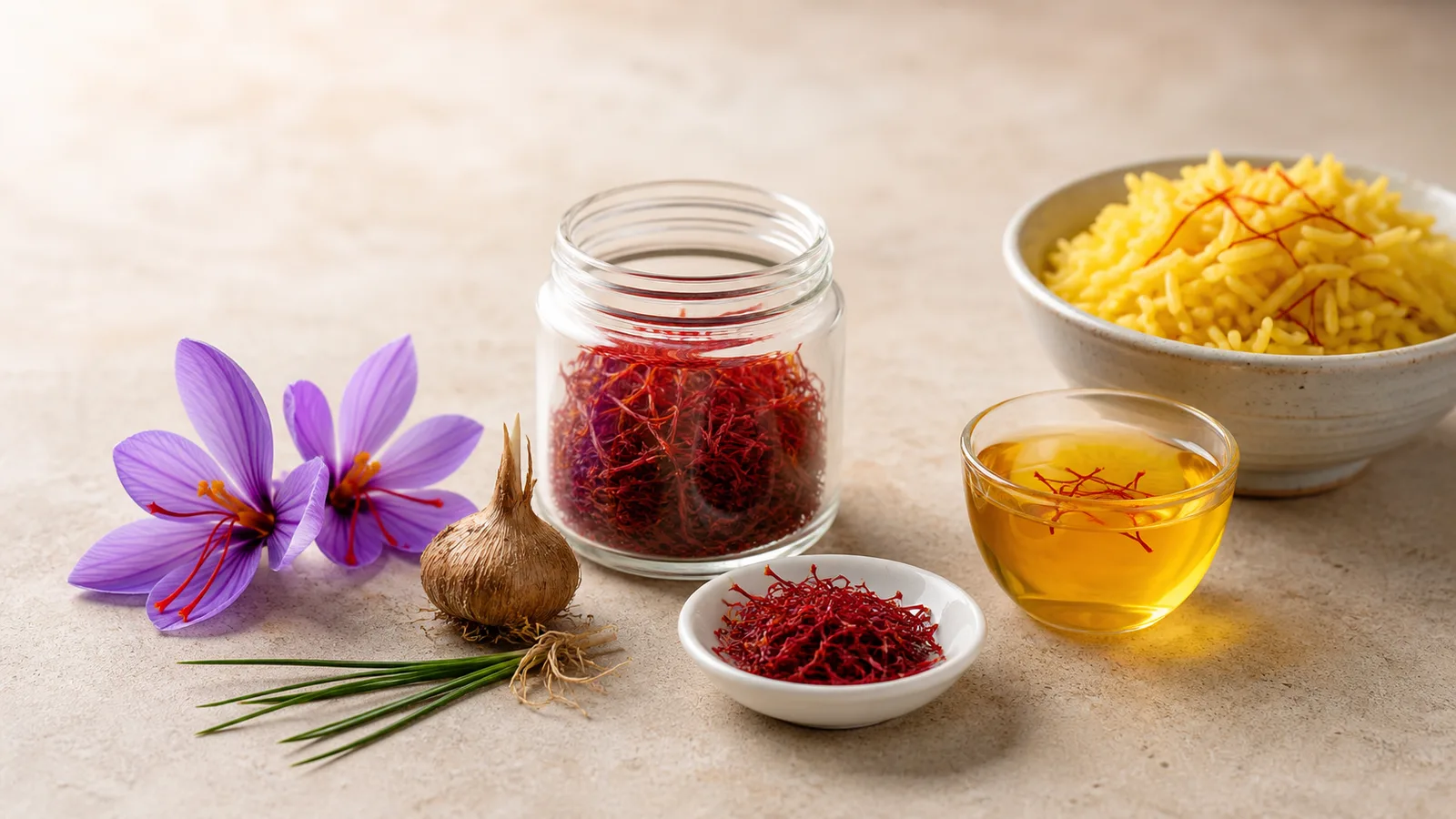 Saffron flowers corm dried threads golden infusion and saffron rice