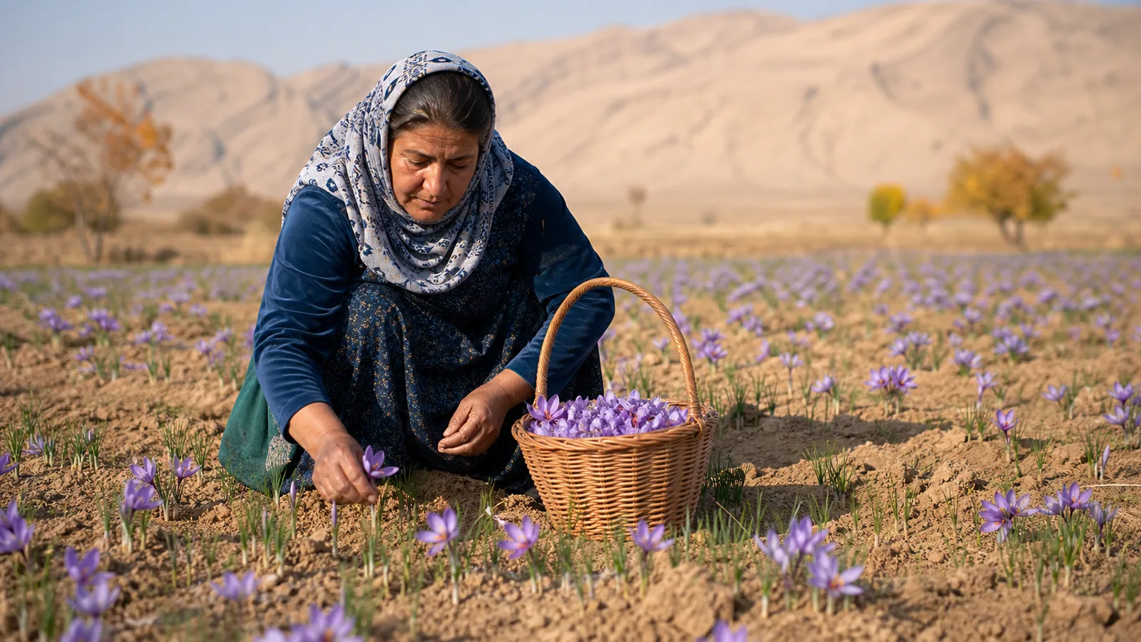 Woman gathering saffron flowers in a Kermanshah field