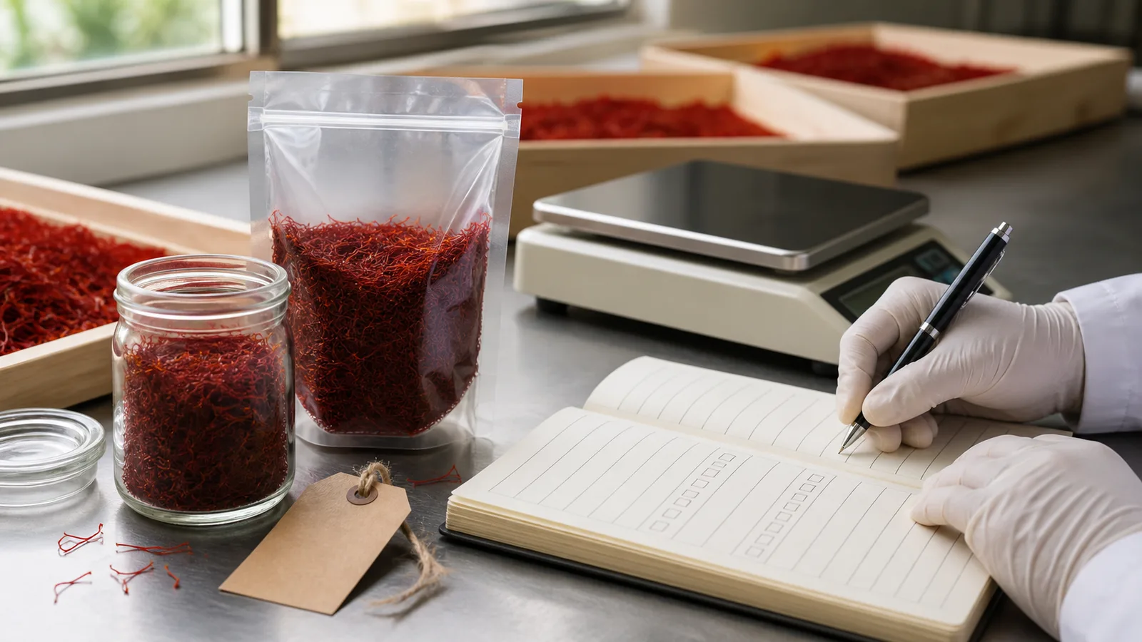 Saffron sample packaging scale and traceability record
