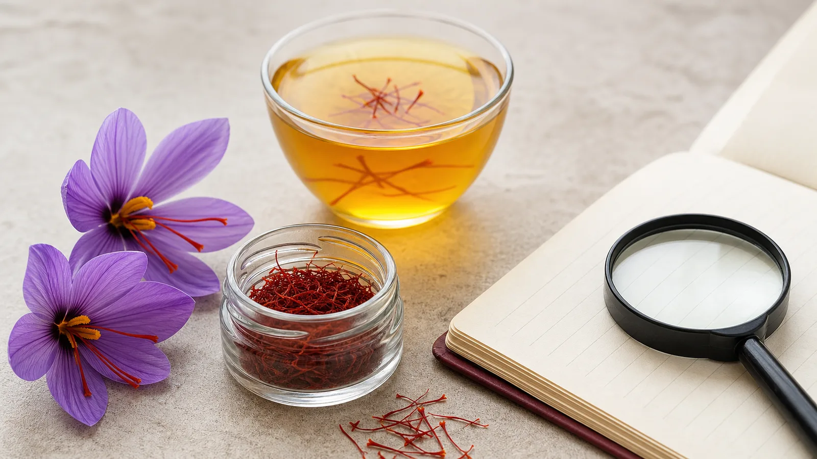 Saffron flowers threads infusion and research notebook