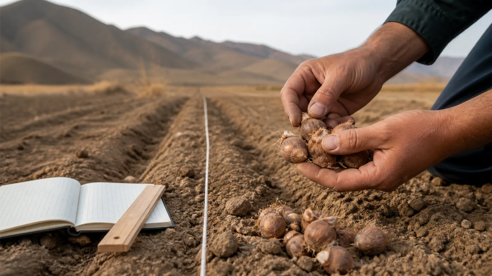 Farmer inspecting saffron corms beside measured planting rows