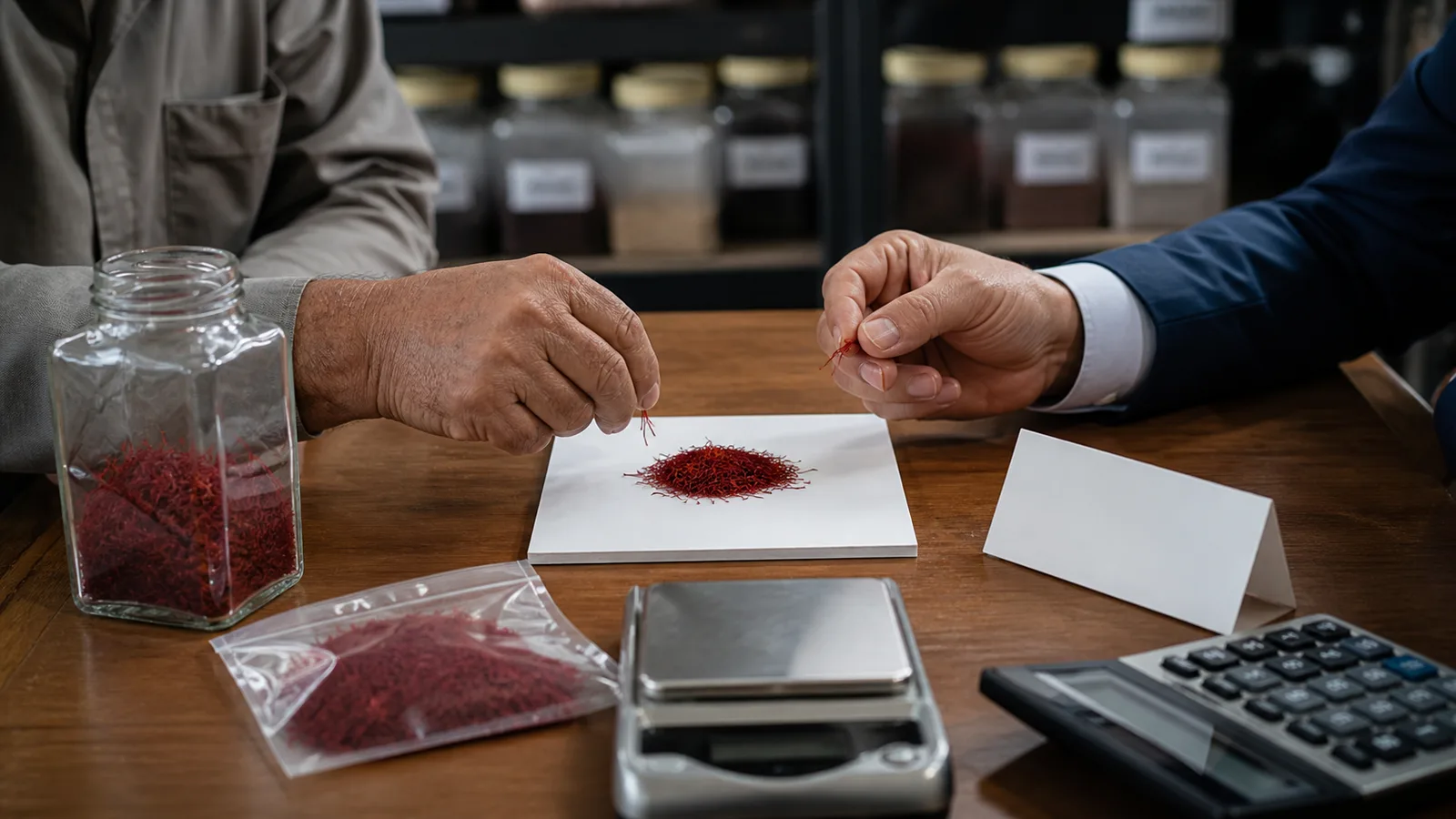 Grower and buyer comparing saffron quality during price negotiation