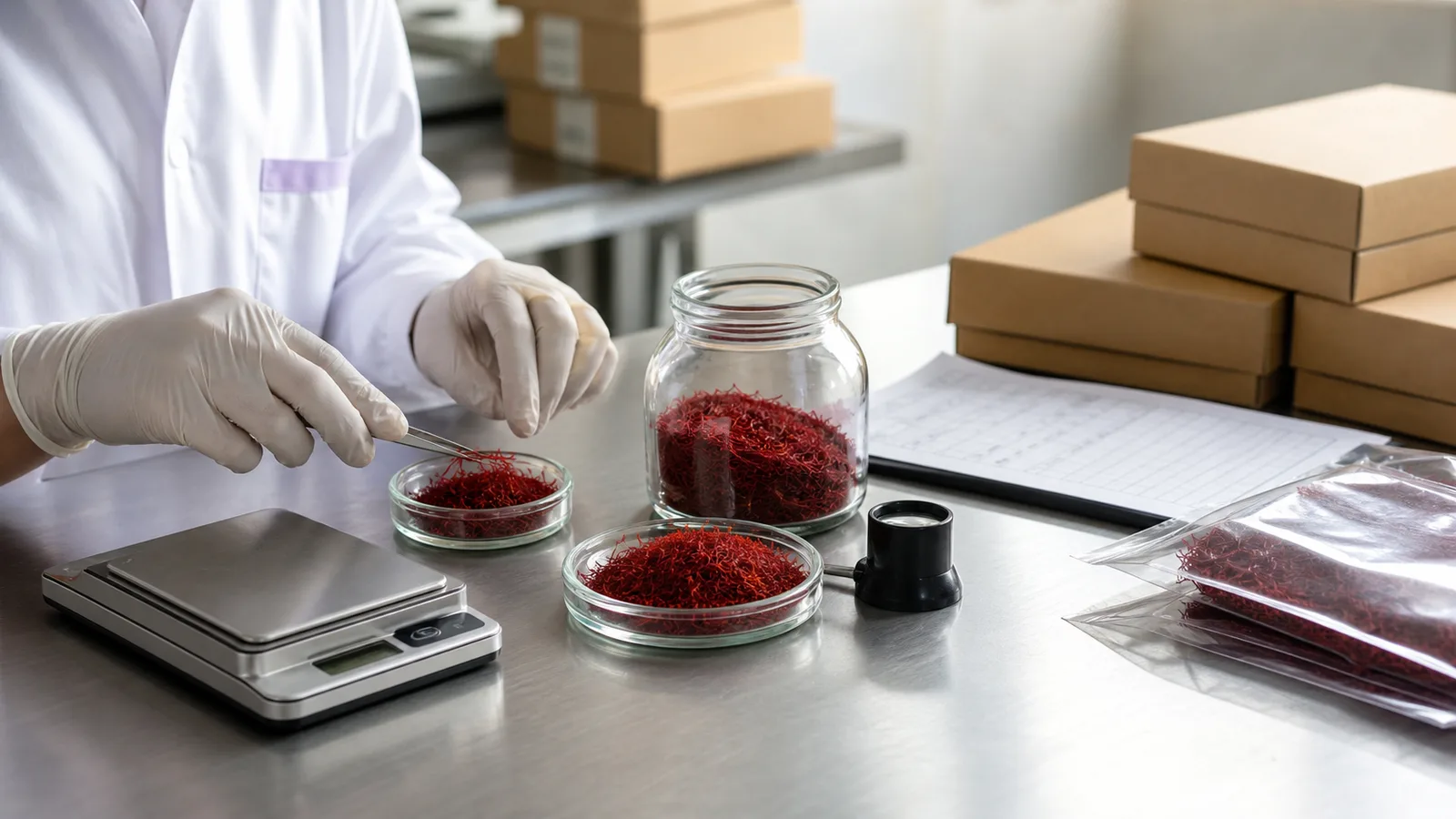 Quality inspector preparing Iranian saffron samples for export