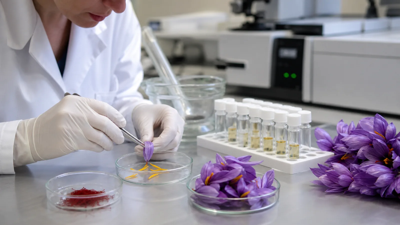 Researcher preparing saffron petals and stamens for sugar analysis