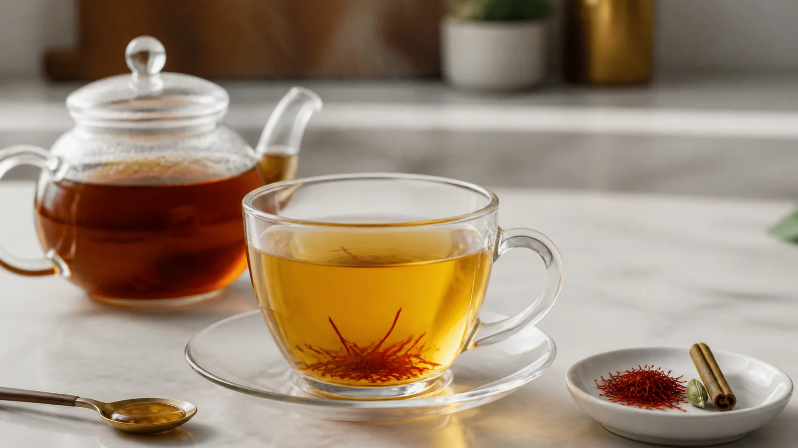 Golden saffron tea with threads, black tea, honey and spices
