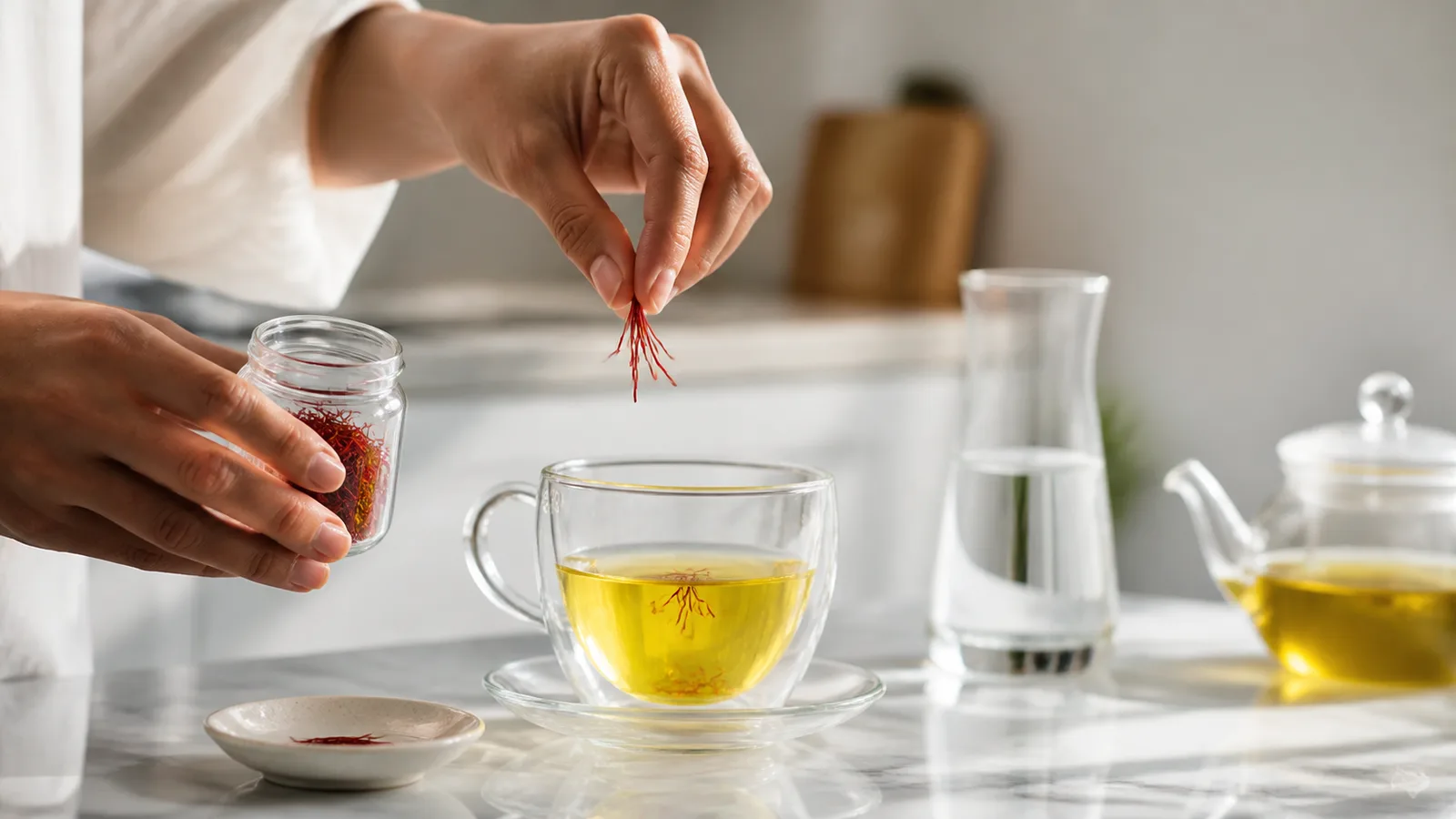 Person adding a small measured pinch of saffron threads to tea