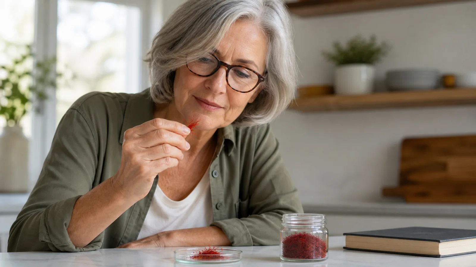 Older woman wearing glasses examining genuine saffron threads