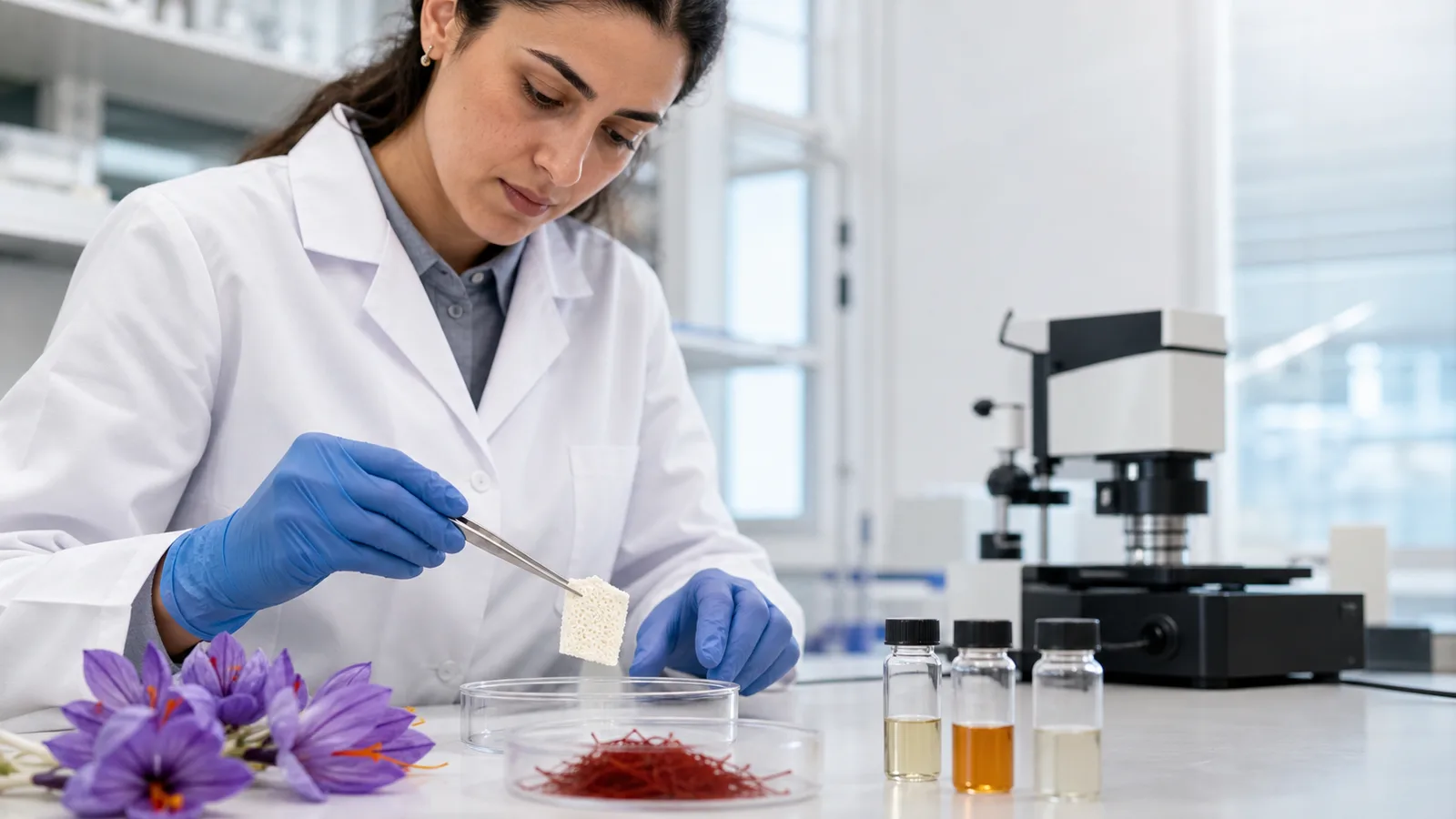 Scientist testing an experimental dressing beside saffron flower samples