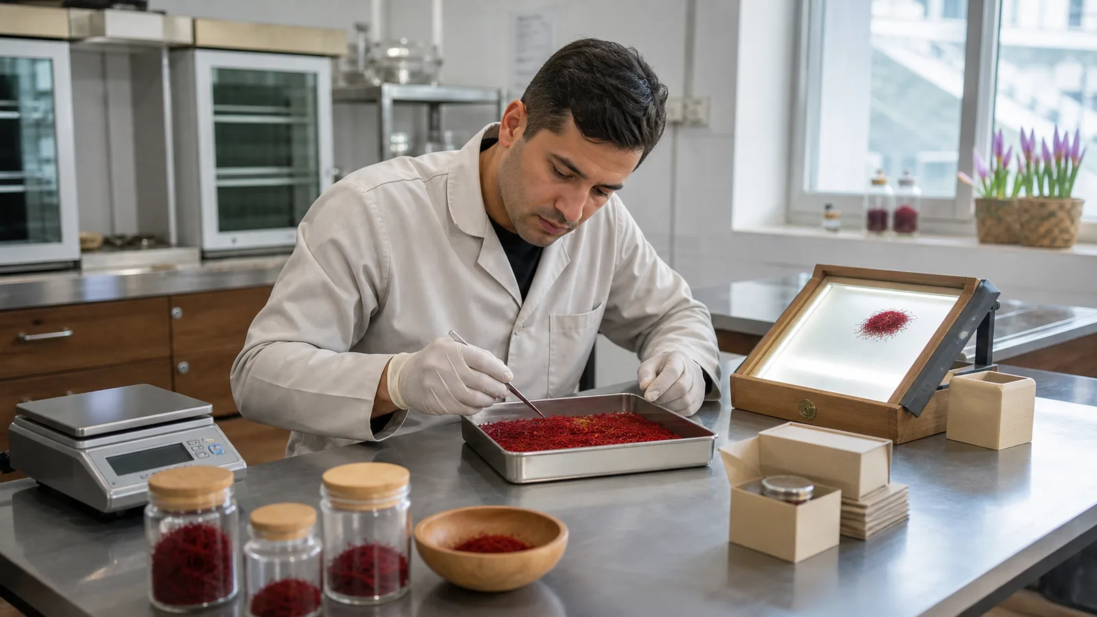 Quality technician checking saffron threads in a modern processing facility