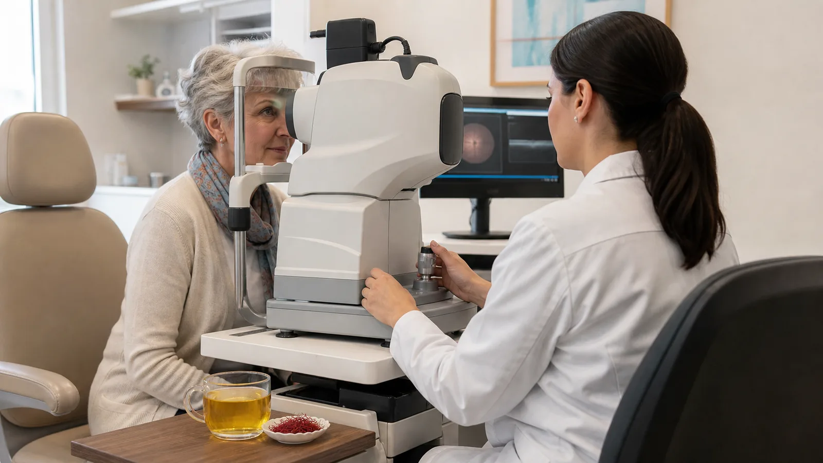 Older adult having a modern retinal eye examination beside saffron tea