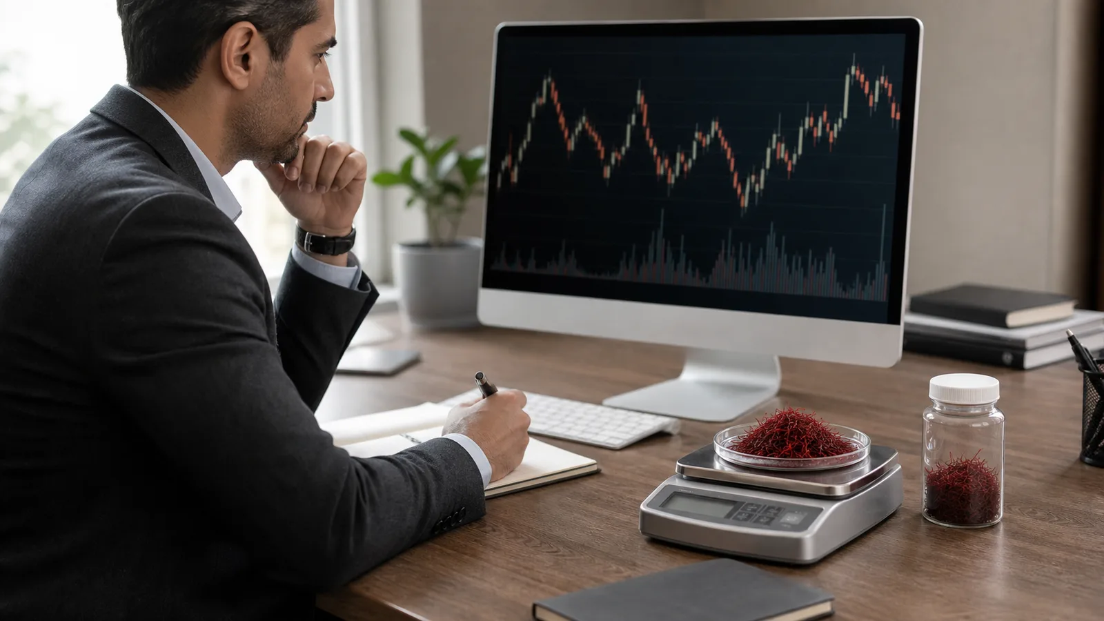 Saffron trader reviewing futures-market data beside a 100-gram Negin sample