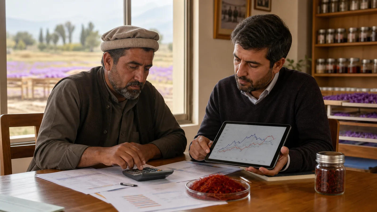 Saffron exporter comparing crop costs and exchange-rate figures with farmers