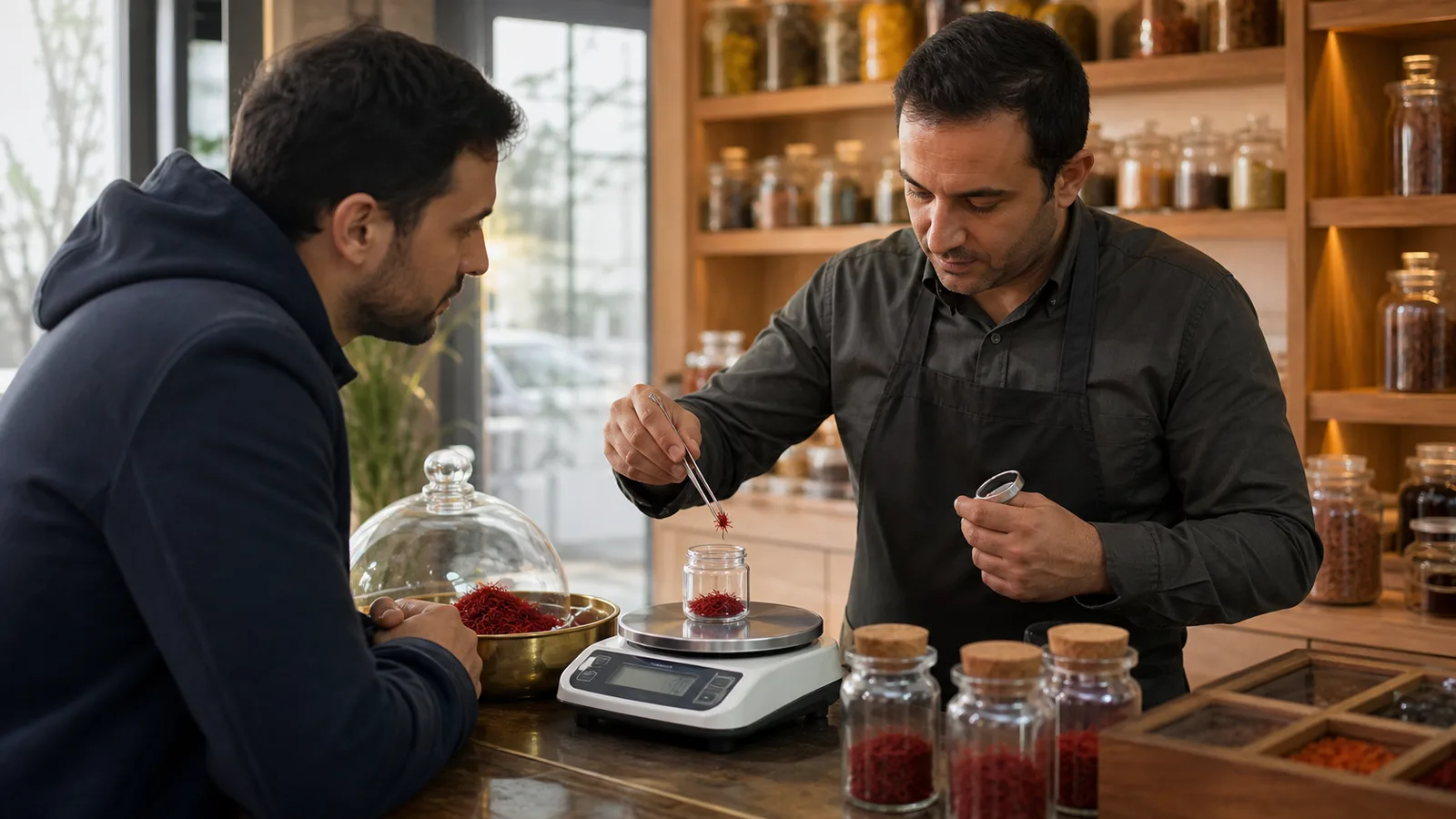 Turkish spice merchant weighing Iranian saffron for a customer